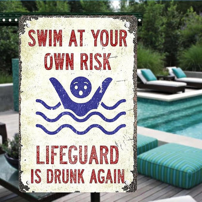 Pool Sign-'Swim at Your Own Risk'-Vintage Metal Funny Metal Signs for Decor Outdoor,Funny Pool Sign for Outside 8x12 Inch