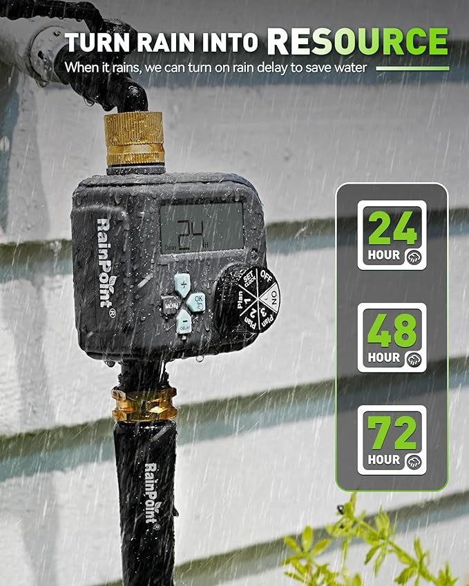 RAINPOINT Sprinkler Timer with 3 Different Programs, Waterproof Hose Timer Brass Inlet with Rain Delay/Manual/Automatic Irrigation System, 1 Outlet