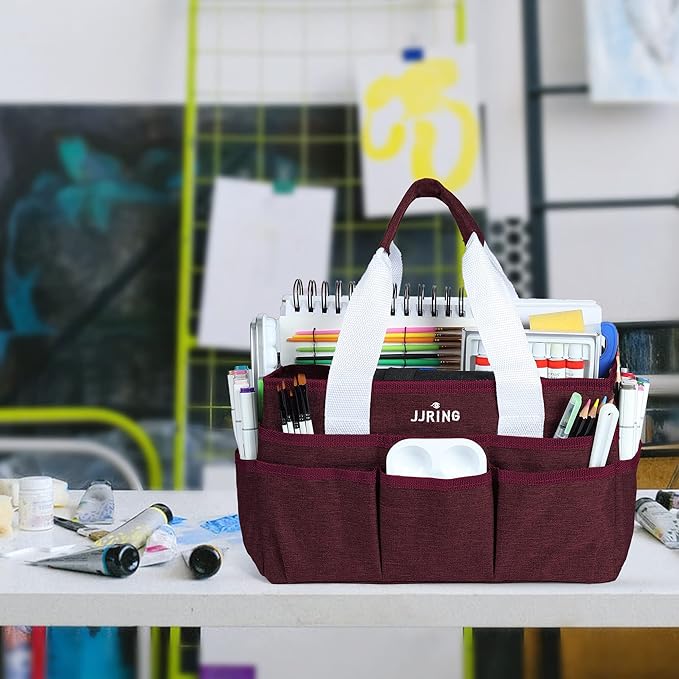 JJRING Craft Organizer Tote Bag, Art Storage Caddy with Multiple Pockets, Dark Red Sewing Bag for Art, Craft, Scrapbooking, School, Medical, and Office
