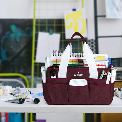 JJRING Craft Organizer Tote Bag, Art Storage Caddy with Multiple Pockets, Dark Red Sewing Bag for Art, Craft, Scrapbooking, School, Medical, and Office