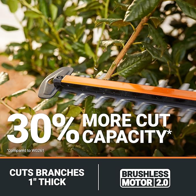 WORX Nitro WG263 22" 20V Cordless Hedge Trimmer, Electric Hedge Trimmer with Dual-Action Blades & 3400 SPM, Brushless Bush Trimmer Cuts Branches 1" Thick, Battery & Charger Included