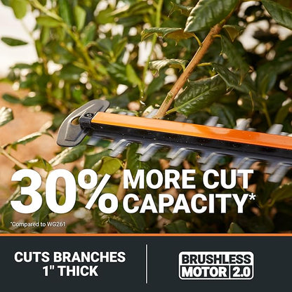 WORX Nitro WG263 22" 20V Cordless Hedge Trimmer, Electric Hedge Trimmer with Dual-Action Blades & 3400 SPM, Brushless Bush Trimmer Cuts Branches 1" Thick, Battery & Charger Included