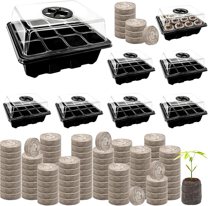 Halatool 8 Pack Seed Starter Tray with 100 PCS Peat Pellets, 96 Cells Black Plant Germination Trays for Organic Seed Starter Soil Pods for Planting Vegetables Plants Flowers Herbs - Starting Seeds Kit