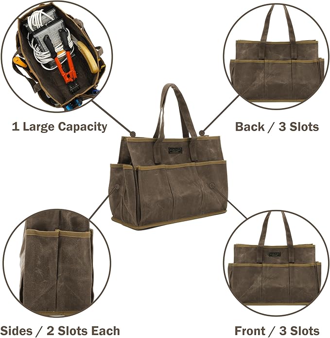16OZ Waxed Canvas Tool Tote Bag for Garden Tools Wrench Set & Screwdrivers | 11-Pocket Garden Tool Bag with Portable Handles, Multi-Purpose Tool Storage Organizer (14"L x 5.5"W x 10.5"H) – Grey