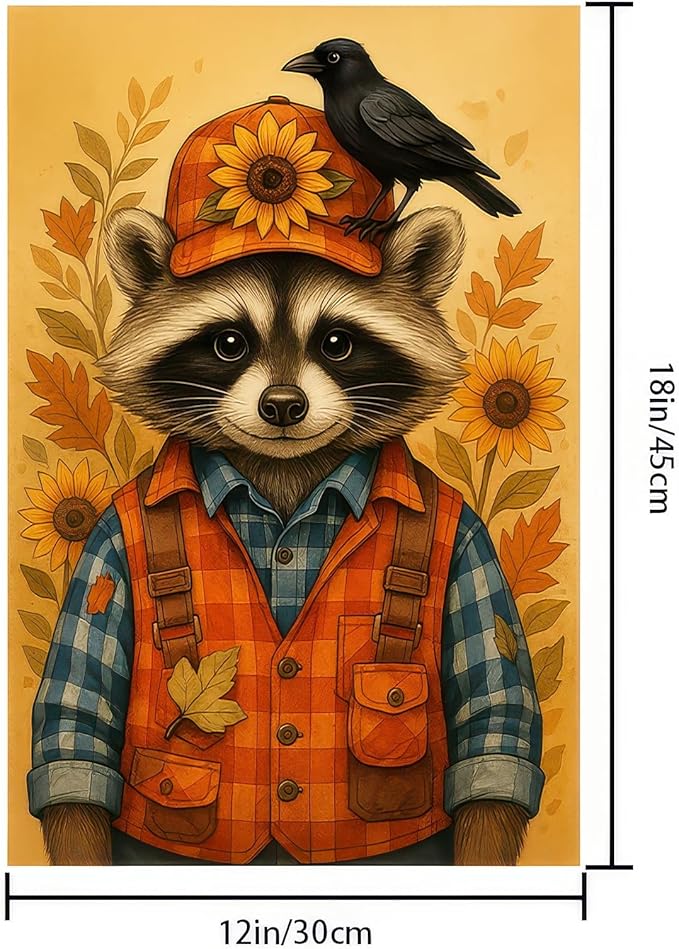 Thanksgiving Fall Garden Flag 12x18 Inch Welcome Raccoon Outdoor Flag Double Sided Autumn Yard Banner with Sunflower Hat and Bird for Porch Lawn Patio Seasonal Decor