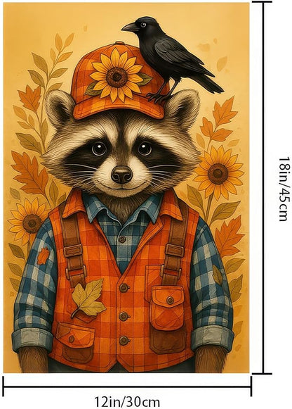 Thanksgiving Fall Garden Flag 12x18 Inch Welcome Raccoon Outdoor Flag Double Sided Autumn Yard Banner with Sunflower Hat and Bird for Porch Lawn Patio Seasonal Decor