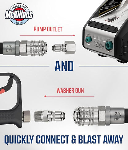 McKillans® 3/8" NPT Automatic Pressure Washer Quick Connect Kit of 4 - Stainless Steel - 3/8" Pressure Washer Quick Connect Fittings - Power Washer NPT 3/8" - PUSH-TO-CONNECT - Upgraded Viton O-Rings