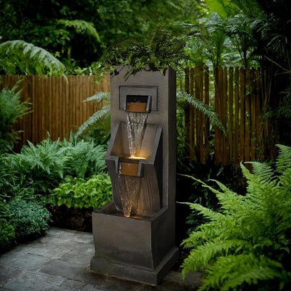 35" H 3-Tier Indoor/Outdoor Modern Water Fountain with LED Lights and Pump, Outdoor Freestanding Cascading Waterfall - Suitable for Garden, Patio, Porch, Yard and Outdoor Decor (Brown)