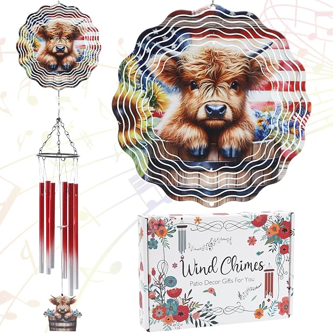 Highland Cow Wind Chimes - Cows Gifts for Women Mom Metal Windchime with Spinners Garden Decor Indoor Outdoor Art Hanging Decoration for Patio Yard Balcony Home Christmas Birthday Gift