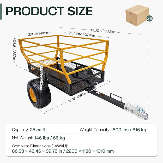 Jocisland Heavy Duty Garden Utility Trailer, 1800 Lbs 25 Cu.Ft Tow Behind Dump Cart with Ball Hitch and T-Shaped Steel Bed, Lawn Mower Tractor Cart for Yard, Farm