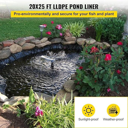 20x25 ft Pond Liner, 20 Mil Thickness, Pliable & Durable LLDEP Material, Easy Cutting & UV Resistant, for Fish or Koi, Features, Waterfall Base, Fountains and Water Gardens