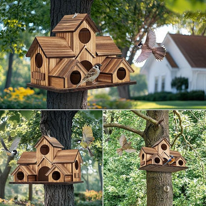 Bird Houses for Outside, Outdoor 5-Hole Birdhouse for Bluebirds, Finches, Cardinals and Yellow Finches, Wooden Hanging Birds House Wild Bird Nest Garden Decorative