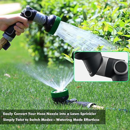 RESTMO 2-IN-1 Garden Hose Nozzle, Heavy Duty Metal Water Hose Nozzle with 4 Spray Patterns, Magic Twist and Thumb Flow Control, Ideal for Watering Plants & Lawns, Washing Cars & Pets, Green
