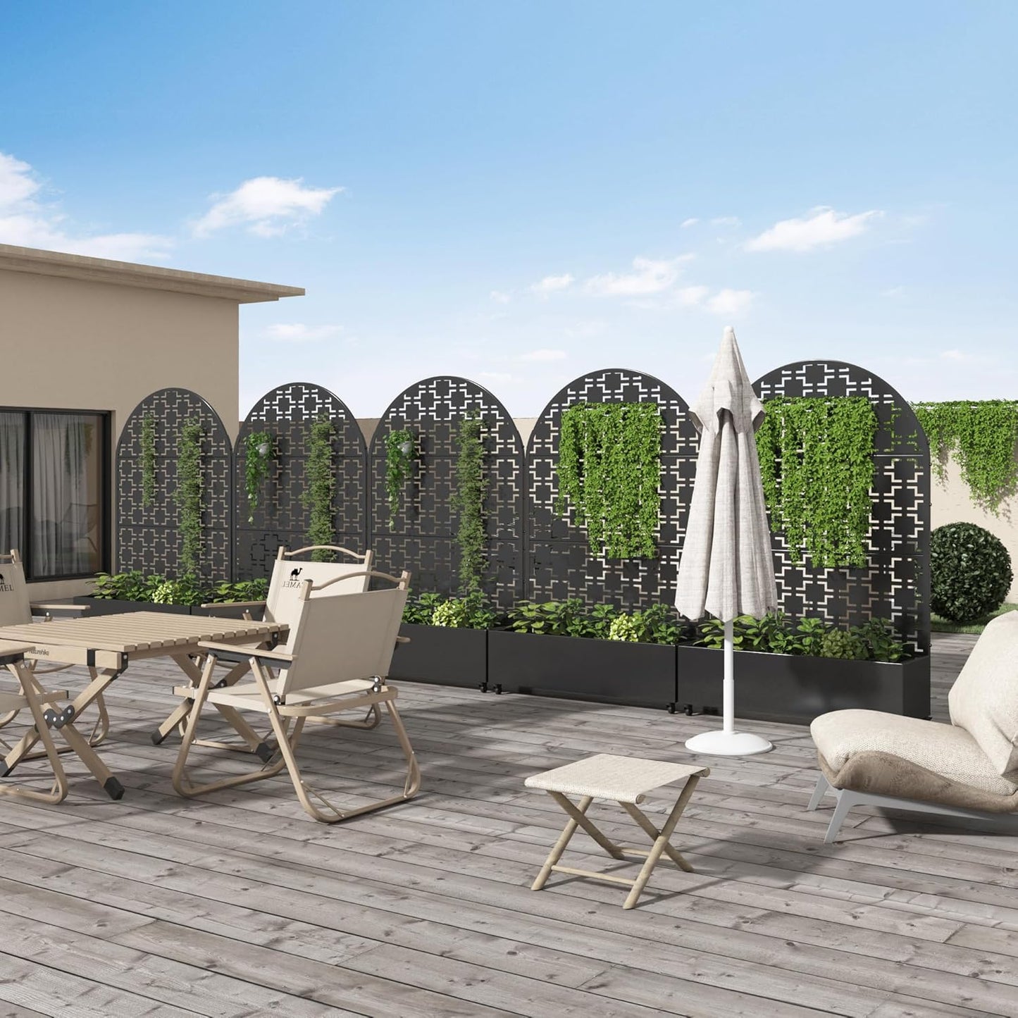 Casaphoria Metal Raised Garden Bed with Trellis and Wheels, 72"x47"x16" Arched Planter Box for Climbing Plants, Vegetables & Vines, Features Drainage Holes and Privacy Screen (Black-Brick)