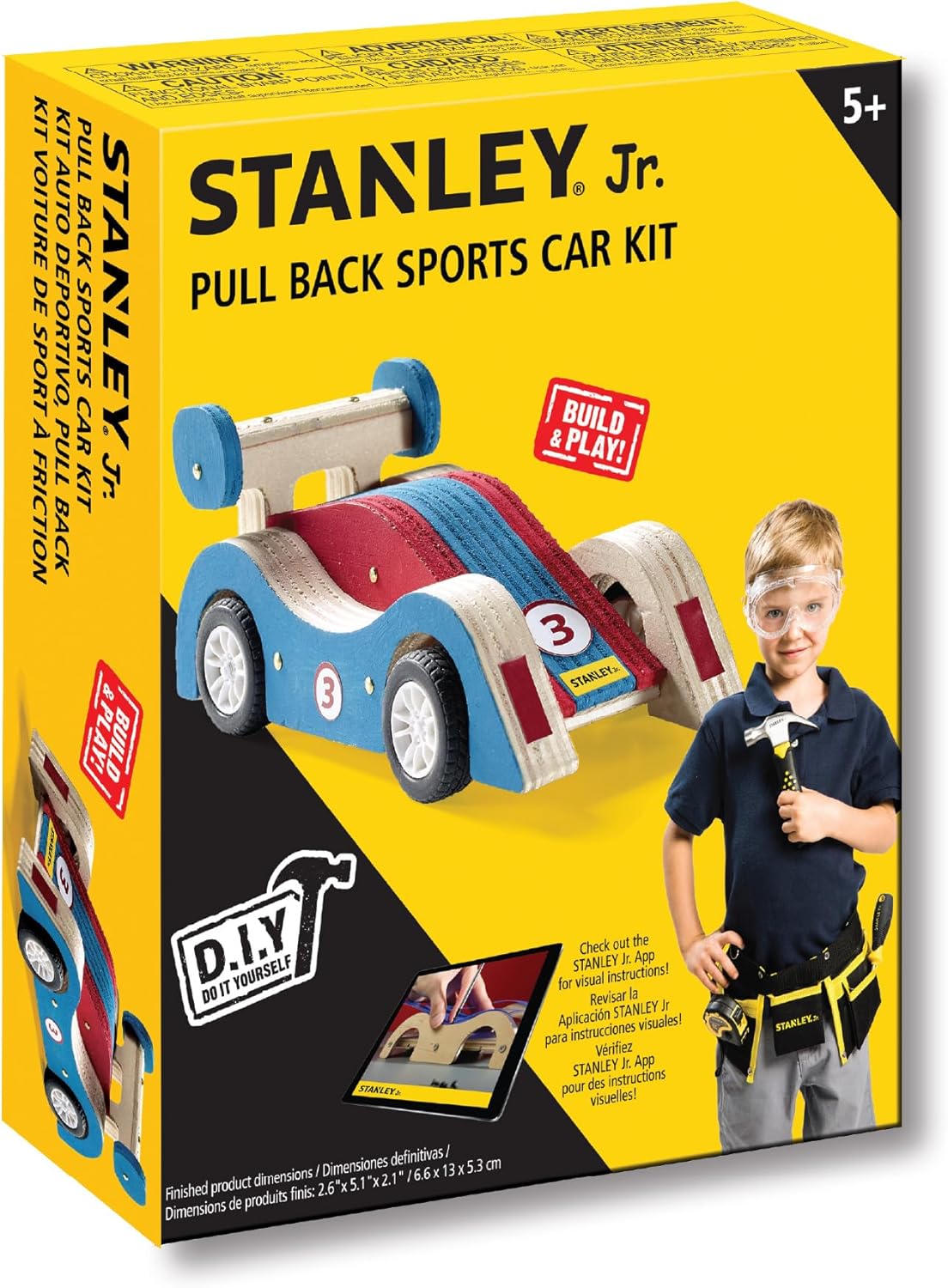 STANLEY Jr. DIY Pull Back Sports Car Building Kit for Kids JK030-SY: Children’s Boy Girl Wood Racer, Beginning Woodworking Set with Paints, Ages 5 to 12 (Classic 1)