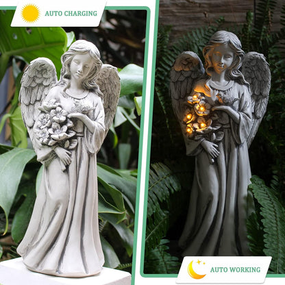Solar Angel Statue for Outdoor, Angel Figurine with Resin, Outdoor Decor for Patio Lawn Yard Porch, Garden Gift
