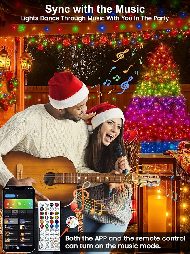 Smart LED Halloween String Lights with Remote & App 66FT 200LED, Waterproof RGB Dimmable Clear Wire Christmas Lights, Color Changing Christmas Tree Light Outdoor Indoor with Timer for Halloween Decor