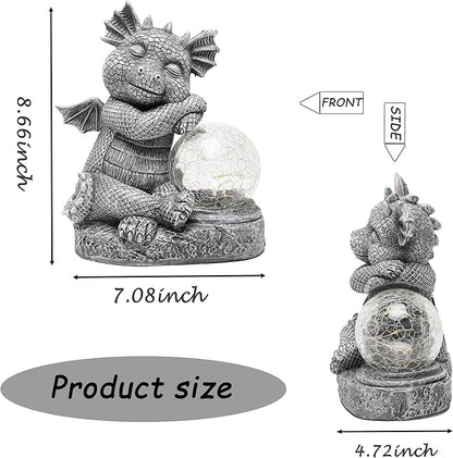 Garden Dragon Figurine Solar Powered Outdoor Cute Dragon with Hold Glowing Glass Ball Resin Sculpture for Porch Patio Lawn Farm Yard Home Decoration Gift for Women Housewarming