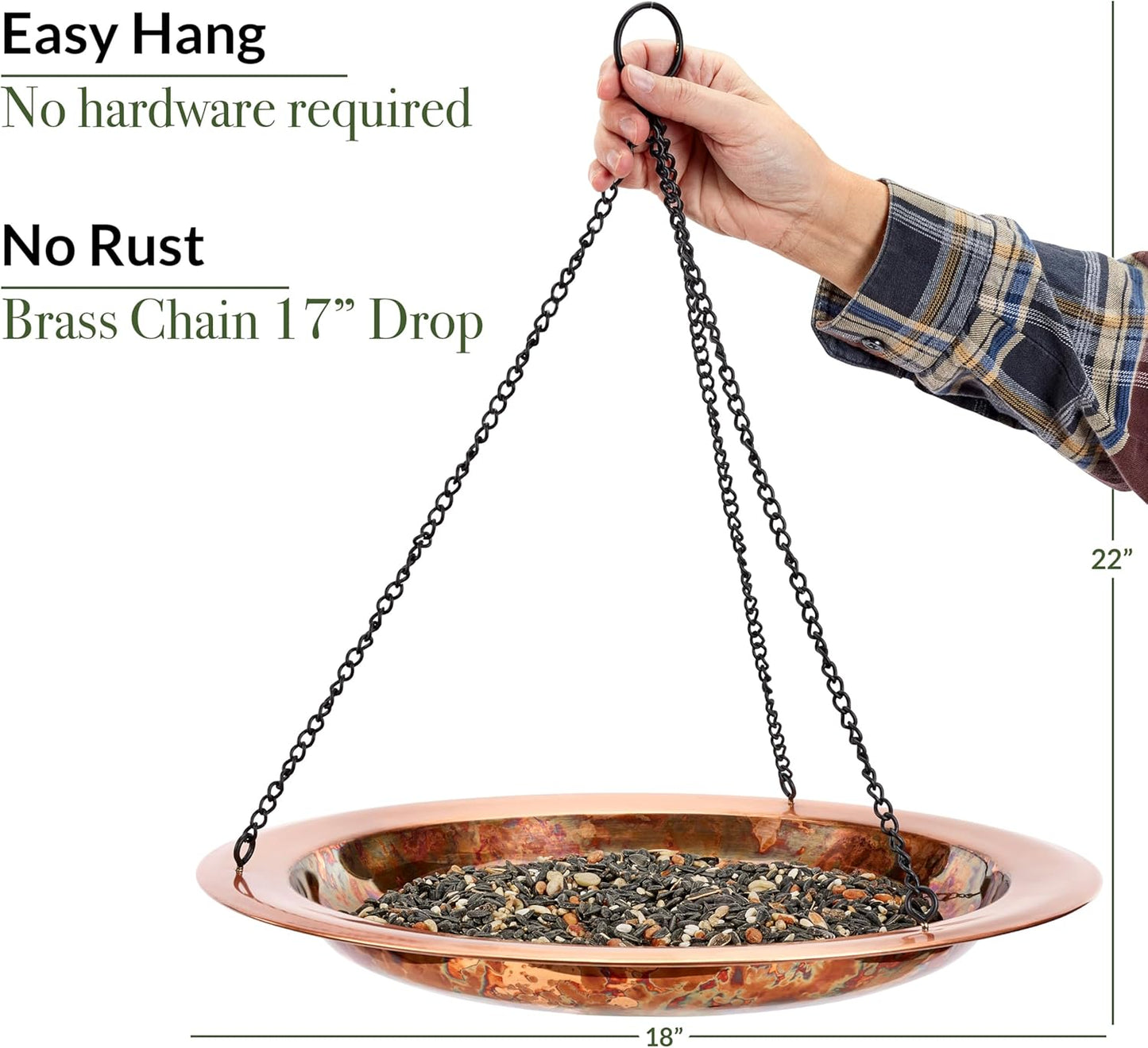 Good Directions Hanging Fire Copper Bird Bath for Outside Backyard, Outdoor, Patio, Garden, Birdbath Gift for Bird Lovers Watchers, Large 18" Pure Copper Metal