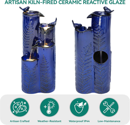 32" H Ceramic Outdoor Water Fountain with LED Lights, 4-Tier Vase Outdoor Fountain, Cobalt Blue Glaze, Embossed Fern Pattern, Cascading Waterfall for Tranquil Garden, Patio, or Porch