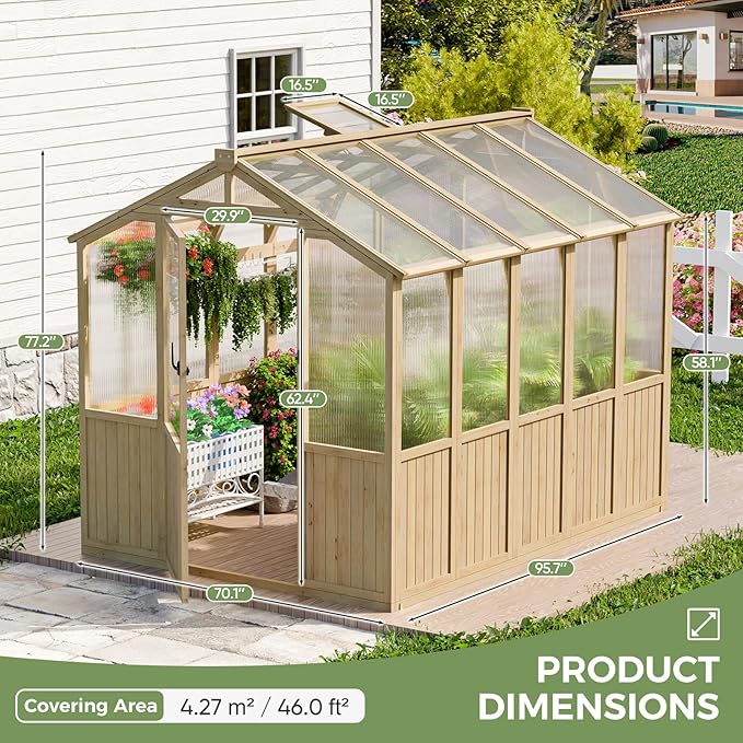 CDCASA 8x6 FT Wooden Greenhouse for Outdoor, Easy Assembly Solid Cedar Frame w/ Polycarbonate Heavy Duty Greenhouses, Outside Garden Walk-in Green House Kit, Adjustable Roof Vent & Lockable Door
