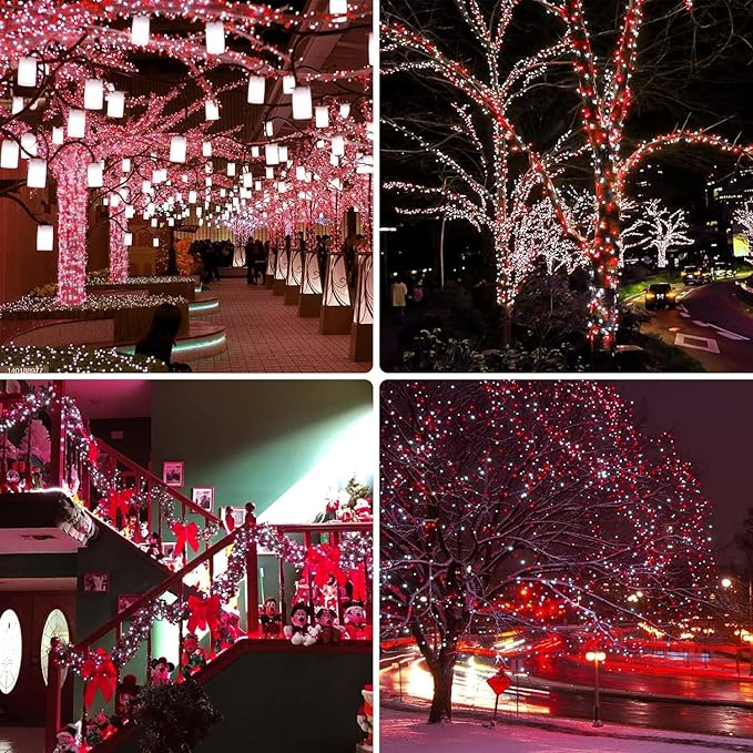 75.8 FT 200 LED Red and White Christmas Lights Outdoor Indoor, Timer & Memory Function & 8 Modes, Extendable Green Wire, Waterproof Fairy Twinkle Lights for Xmas Tree Holiday Party Garden Yard Decor
