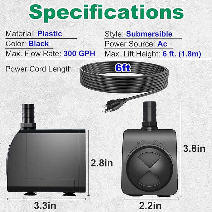 Submersible Pump 300GPH Ultra Quiet with Over Heating Protection 6ft High Lift for Fountains, Hydroponics, Ponds, Aquariums & More…