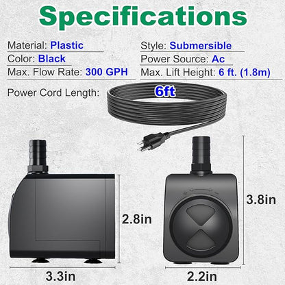 Submersible Pump 300GPH Ultra Quiet with Over Heating Protection 6ft High Lift for Fountains, Hydroponics, Ponds, Aquariums & More…