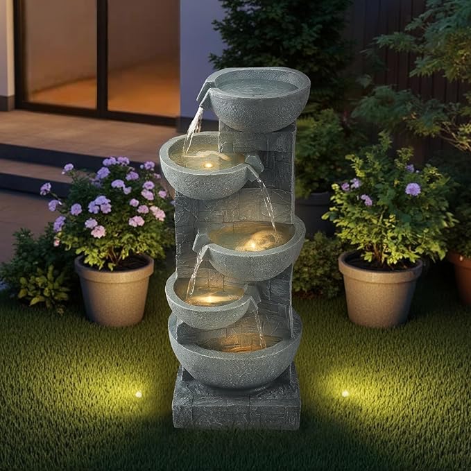 VEVOR Outdoor Water Fountain, 31.5 in Height Fountain and Waterfall, 5-Tier Floor Standing Bowl-Shaped Cascading Fountains with LED Light and Pump, for Outdoor Indoor Garden, Home, Patio & Backyard