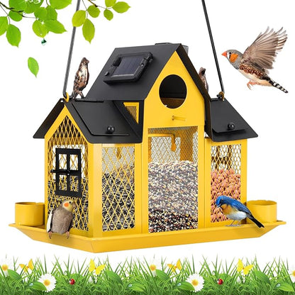 Solar Bird Feeders House for Outside Hanging, Metal Wild Bird Feeder for Outdoors, Large Cardinal Bird Feeder Birdhouses Squirrel Proof (Yellow)