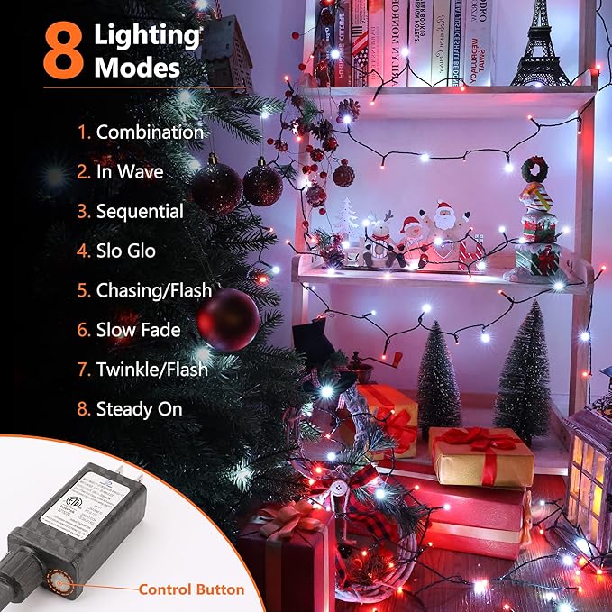 Brizled Red & White Christmas Lights, 78.74ft 240 LED String Lights Connectable, Outdoor Christmas Tree Light 8 Modes Mini Light String with Timer, Indoor Xmas Lighting for Garden Party