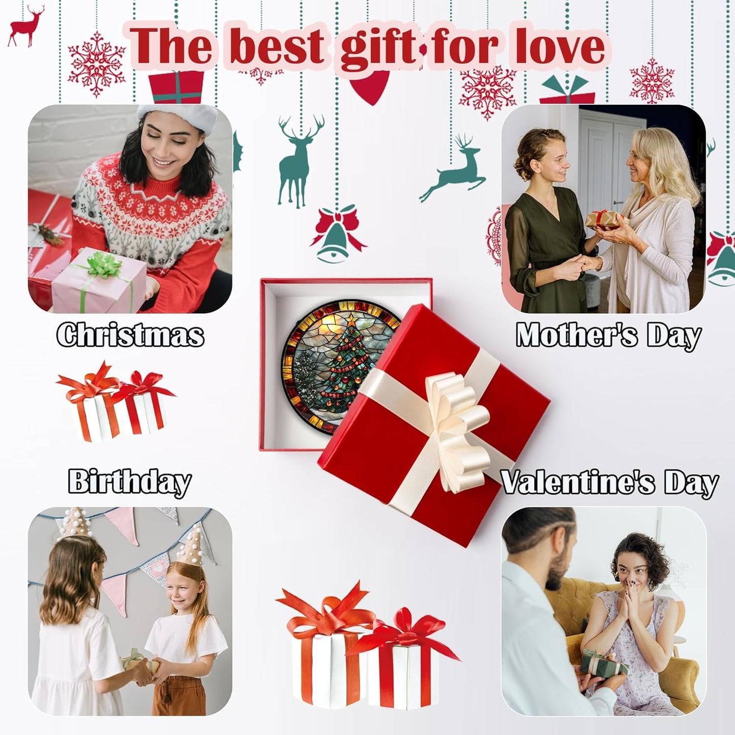 Stained Glass Window Hanging - Winter Christmas Tree Suncatcher Ready to Hang Window Doors Home Decoration, Christmas, Mother's Day Birthday Gifts for Women, Men, and Mom 6.3x6.3 in