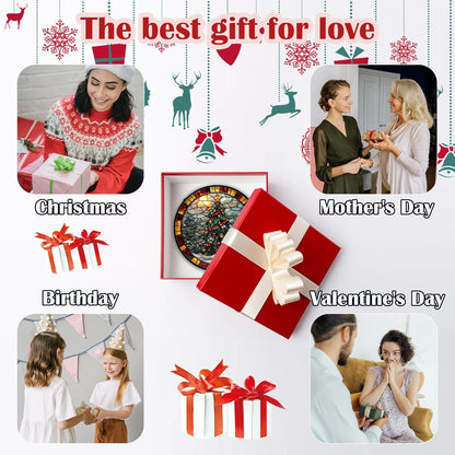 Stained Glass Window Hanging - Winter Christmas Tree Suncatcher Ready to Hang Window Doors Home Decoration, Christmas, Mother's Day Birthday Gifts for Women, Men, and Mom 14.9x14.9 in