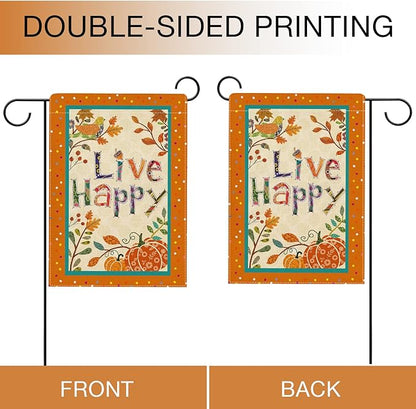 Hzppyz Live Happy Fall Garden Flag Double Sided, Inspirational Quote Autumn Pumpkin Bird Leaves Decorative Yard Outdoor Home Small Decor, Positive Farmhouse Outside House Decoration 12 x 18