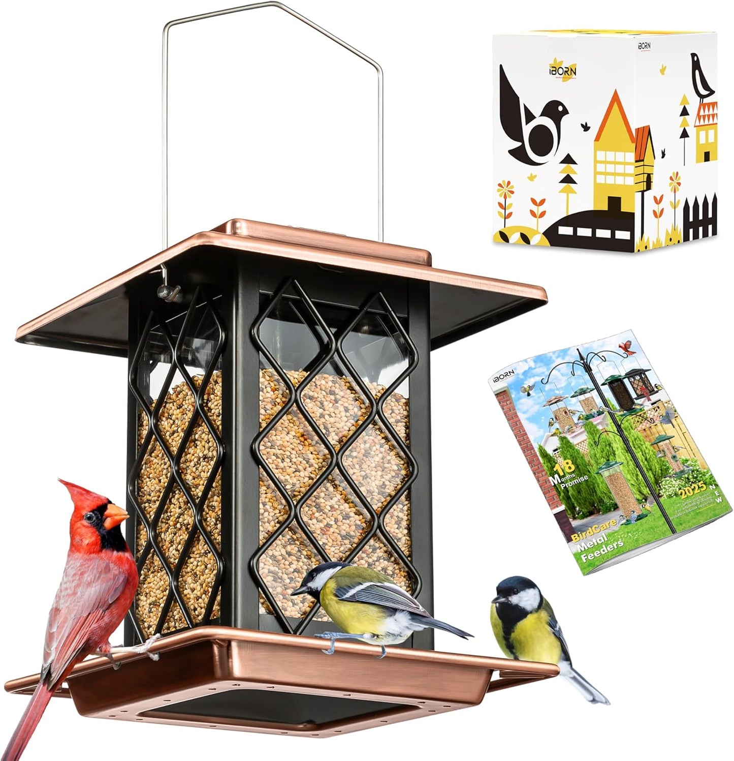 iBorn Bird Feeders for Outdoors, Metal Bird Feeder, Wild Bird Feeders for Cardinal, 2.4LBS Capacity,18cm Large Roof, Lantern Style, Brush Copper