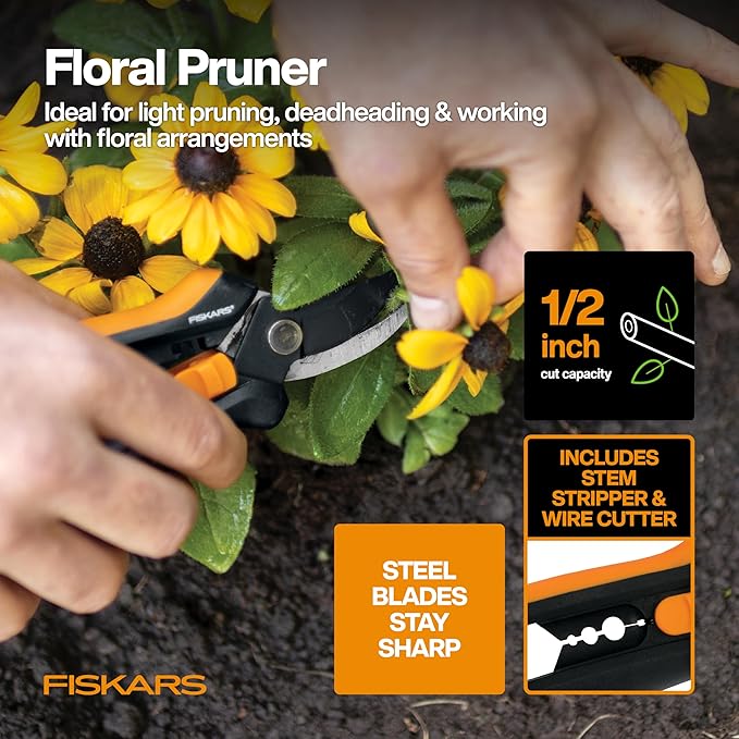 Fiskars Flower Gardening Tool Set with Floral Pruner, Trowel, Cultivator, Garden Gloves, and Ultra-Light Kneeling Cushion for Outdoor Use (5 Piece Kit)