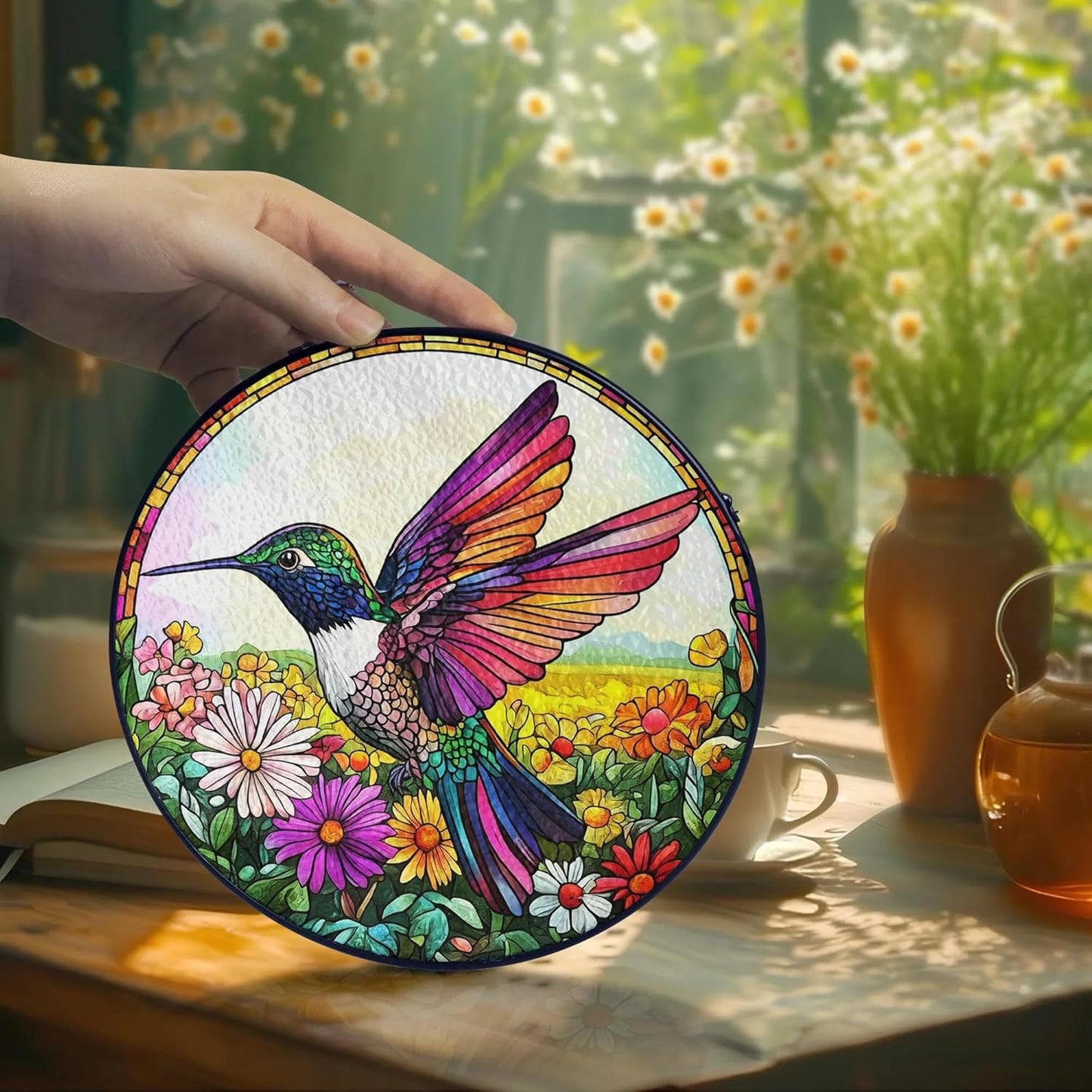 Hummingbird Suncatcher Stained Glass Window Hanging Decor - Hummingbird Gifts for Women, Birds Lovers Spirit Birds Glass Panel Garden Decorations Birthday Christmas for Mom Grandma