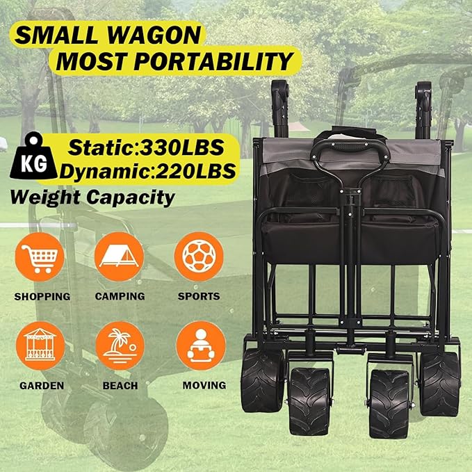 Collapsible Folding Wagon with Extra Push Pull Handle, Heavy Duty Utility Cart with Big All-Terrain Beach Wheels, Large Capacity Folding Garden Wagon for Shopping, Beach, Sports, Outdoor