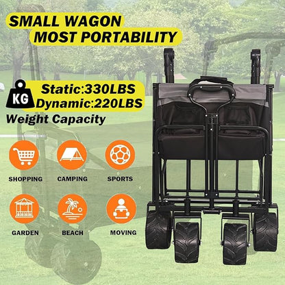 Collapsible Folding Wagon with Extra Push Pull Handle, Heavy Duty Utility Cart with Big All-Terrain Beach Wheels, Large Capacity Folding Garden Wagon for Shopping, Beach, Sports, Outdoor