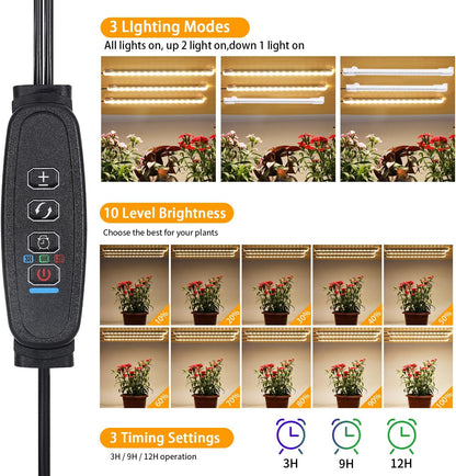 LED Grow Light Strips, Grow Lights for Indoor Plants Full Spectrum 3000K, Plant Light Bar with 3/9/12H Timer, 10 Dimmable Levels for Seedling Succulent,Best Match for Plant Shelf(3 Head×2 Pack)