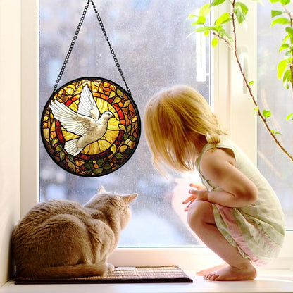 Stained Glass Window Hanging, Flying White Dove Sun Catchers Diamond Glass Panel Hangings Cute Birds Suncatcher Decor for Birthday for Women, Men, Wife, Aunt, and Mom 9.8X9.8 in