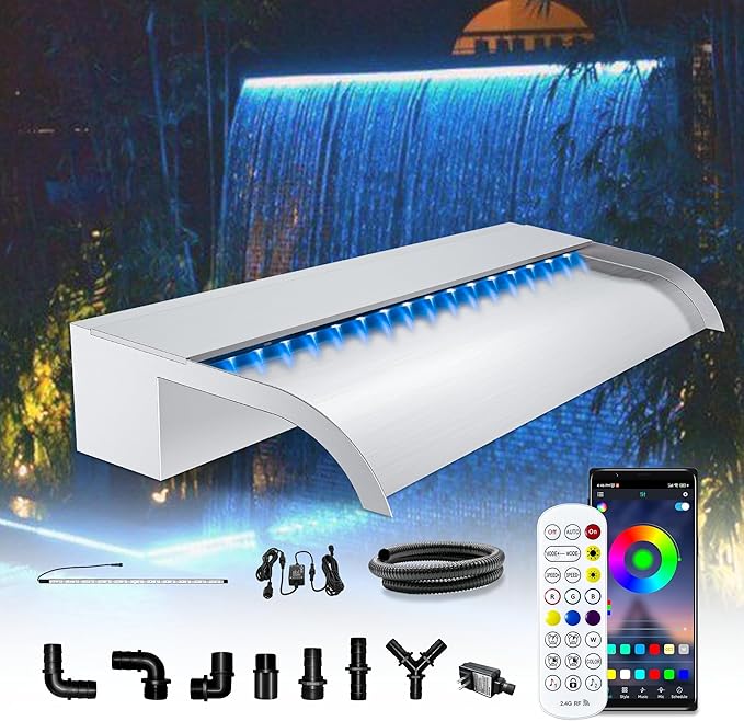 Waterfall Pool Fountain, LONGRUN Stainless Steel Waterfall Spillway for Pools and Ponds - 23.6" Wide Decorative Water Feature for Swimming Pools, Koi Ponds, and Garden