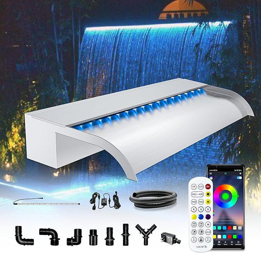 Waterfall Pool Fountain, LONGRUN Stainless Steel Waterfall Spillway for Pools and Ponds - 23.6" Wide Decorative Water Feature for Swimming Pools, Koi Ponds, and Garden