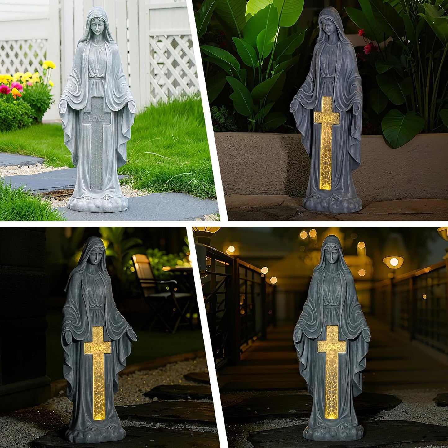 Solar Virgin Mary Praying Statue 27.9 Inch- Outdoor Religious Garden Decor with LED Lights, Weather-Resistant Magnesium Oxide Sculpture for Yard, Patio, Entryway （Gray Solar Virgin Mary）