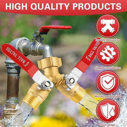 Garden Hose Splitter 2 Way, Brass Water Hose Splitter with Stainless Steel Long Handle, 3/4" GHT Thread Garden Hose Y Splitter, Full Flow Hose Splitter 2 Way Heavy Duty