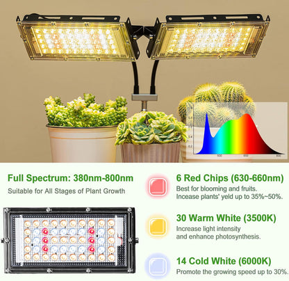 LBW Grow Light for Indoor Plants, Dual Heads Full Spectrum LED, Auto On/Off Timer, 6 Dimmable Levels, 3 Switch Modes, Adjustable Tripod Stand 15-63 inches