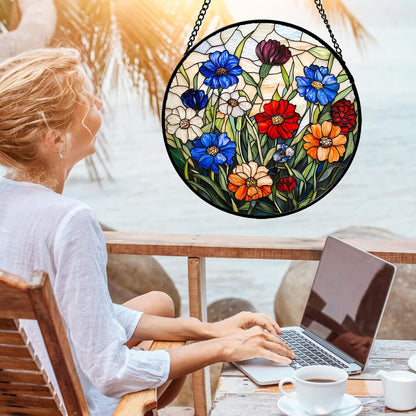 Stained Glass Suncatcher, Colorful Flowers Green Leaf Sun Catcher Landscape Stain Glass Window Hanging Decoration Mother's Day Birthday Gifts for Women Men Mom Nana 11.8 in