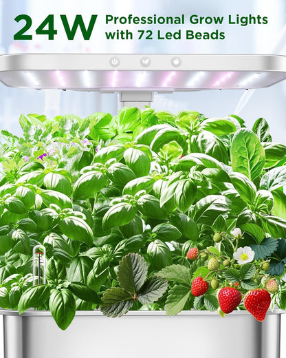 Stainless Steel Hydroponics Growing System kit Indoor Garden: Smart Indoor Herb Garden with Grow Light,15 Pods Plant Germination Kit,6L Water Tank with Quiet Pump,for Vegetables, Herbs and Flowers