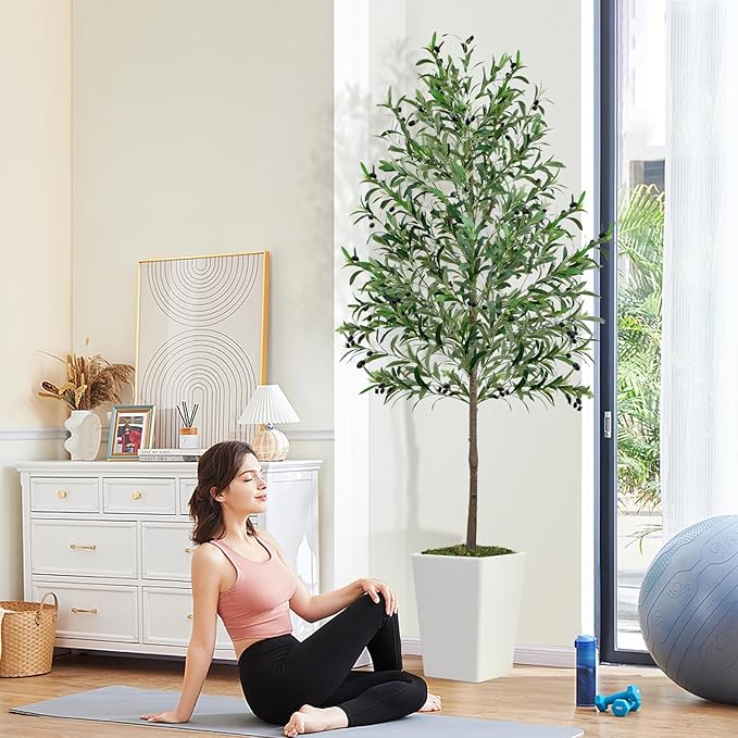 Olive Trees Artificial Indoor 7ft, 2 PCS Tall Faux Silk Plant with Pot, Realistic Leaves and Natural Wood Trunk Fake Trees with Lifelike Fruits for Home Office Decor Bedroom Livingroom Entryway