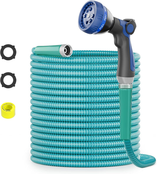 SPECILITE 75ft 304 Stainless Steel Garden Hose Metal, Heavy Duty Water Pipe with Nozzles for Yard, Outdoor - Flexible, Never Kink & Tangle, Puncture Resistant (Sky Blue)